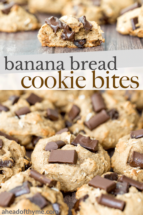 Brown butter oatmeal chocolate chip banana bread cookie bites are thick, fluffy, pillowy, cake-like little bites of banana bread heaven. | aheadofthyme.com