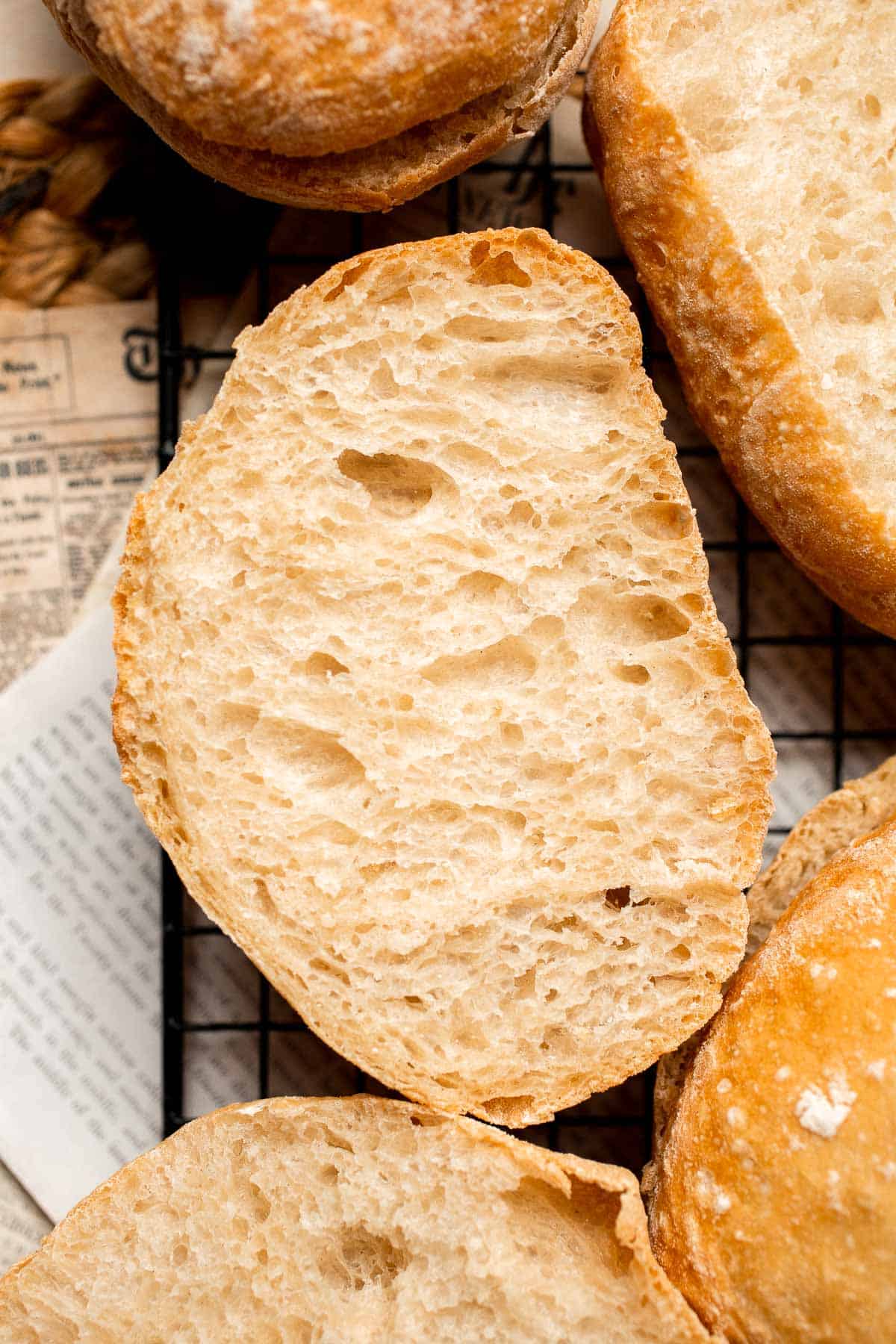 Easy small batch Ciabatta Rolls are fluffy and airy with a perfect crunchy, crackly crust. They take only 10 minutes to prepare and require no kneading. | aheadofthyme.com