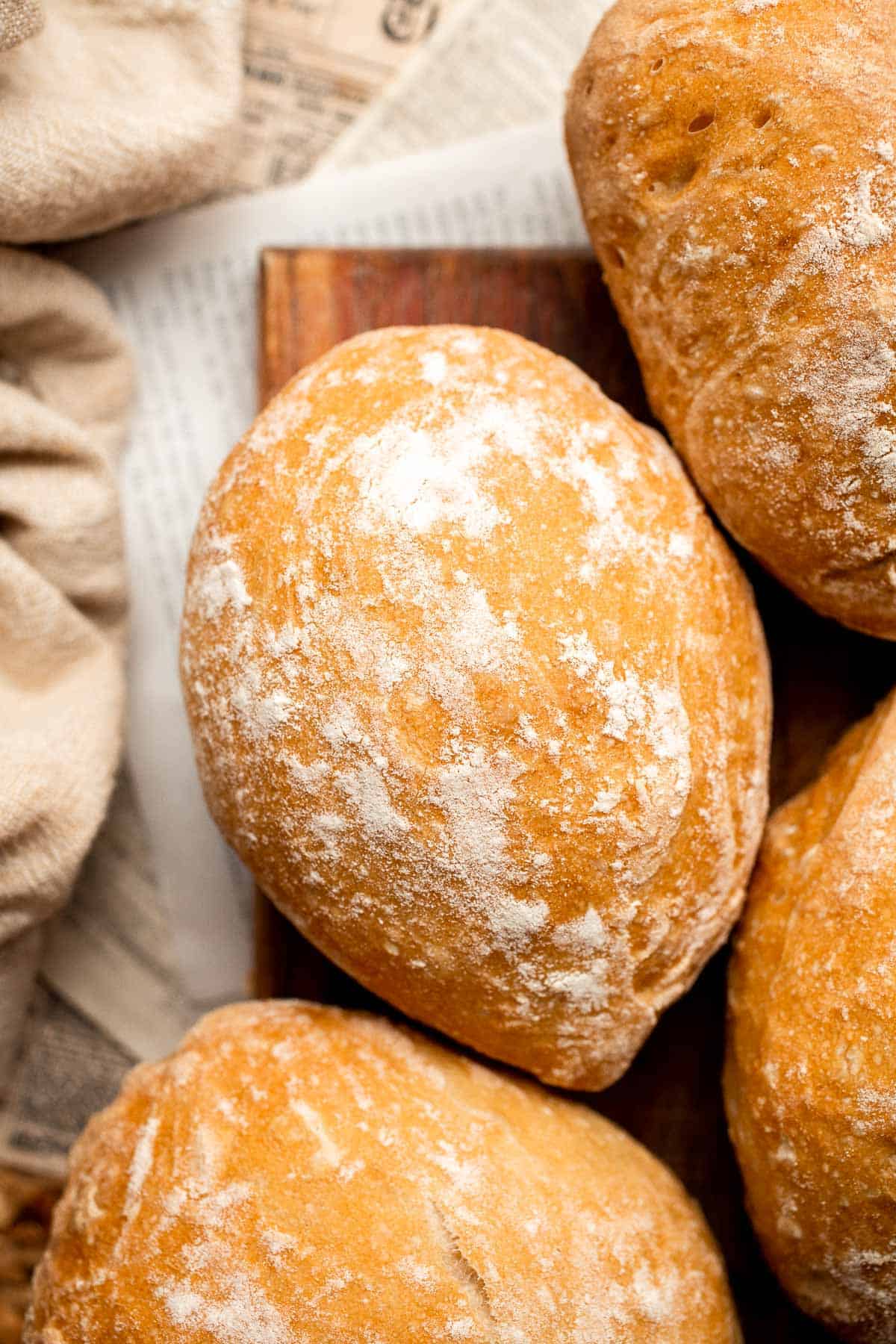 Easy small batch Ciabatta Rolls are fluffy and airy with a perfect crunchy, crackly crust. They take only 10 minutes to prepare and require no kneading. | aheadofthyme.com