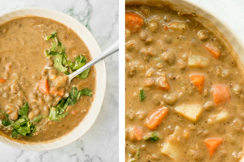 Indian-inspired, vegan, creamy coconut curry lentil soup is an easy and simple 30-minute pantry meal that is packed with spices for maximum flavour. | aheadofthyme.com