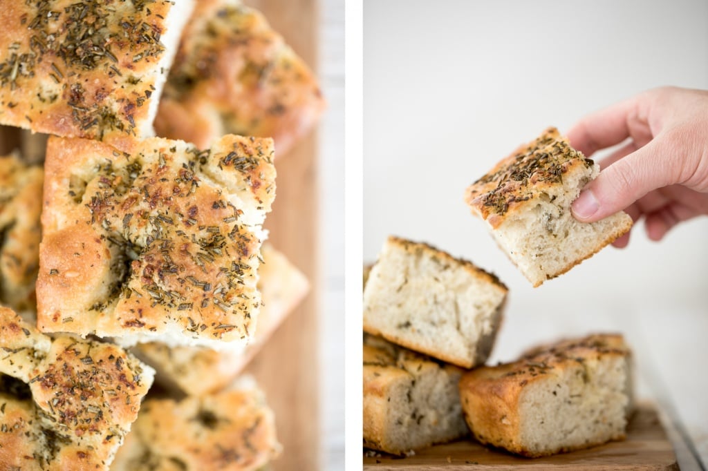 No knead, easy rosemary garlic focaccia bread is thick with a perfect golden and crispy texture on the outside, but soft, fluffy and tender inside. | aheadofthyme.com