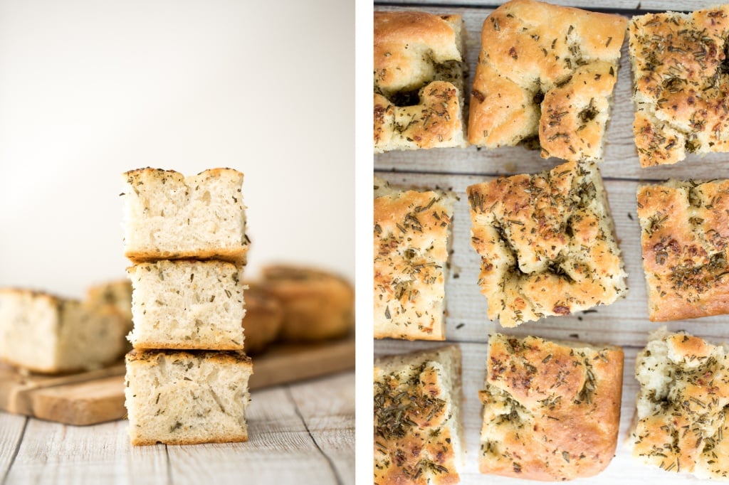 No knead, easy rosemary garlic focaccia bread is thick with a perfect golden and crispy texture on the outside, but soft, fluffy and tender inside. | aheadofthyme.com