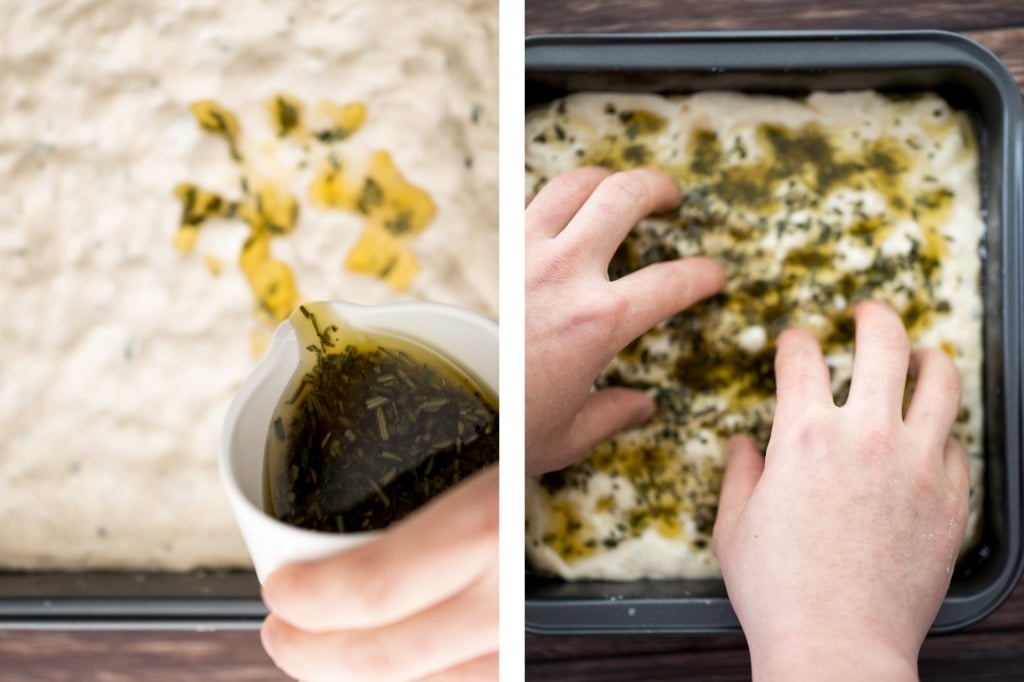 No knead, easy rosemary garlic focaccia bread is thick with a perfect golden and crispy texture on the outside, but soft, fluffy and tender inside. | aheadofthyme.com