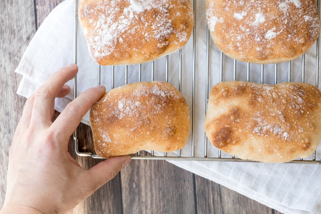Easy small batch ciabatta rolls are fluffy and airy with a perfect crunchy, crackly crust. They take only 10 minutes to prepare and require no kneading. | aheadofthyme.com