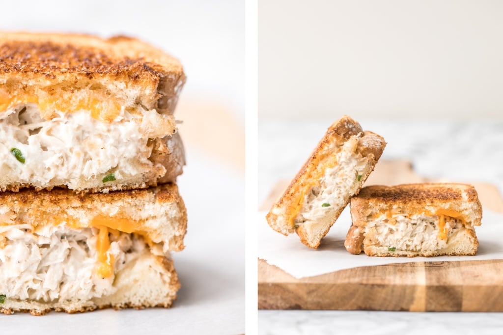 Get your hands on pantry staple canned tuna and make a delicious, crunchy tuna melt grilled cheese sandwich in less than 10 minutes! It's so tasty and easy! | aheadofthyme.com