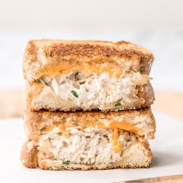 Get your hands on pantry staple canned tuna and make a delicious, crunchy tuna melt grilled cheese sandwich in less than 10 minutes! It's so tasty and easy! | aheadofthyme.com