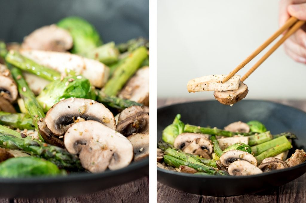 Simple air fryer spring vegetable "stir-fry" with tofu is the ultimate easy dinner ready in less than 10 minutes. It's healthy, vegan and gluten-free. | aheadofthyme.com