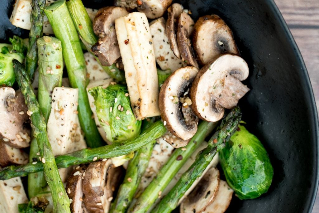 Simple air fryer spring vegetable "stir-fry" with tofu is the ultimate easy dinner ready in less than 10 minutes. It's healthy, vegan and gluten-free. | aheadofthyme.com