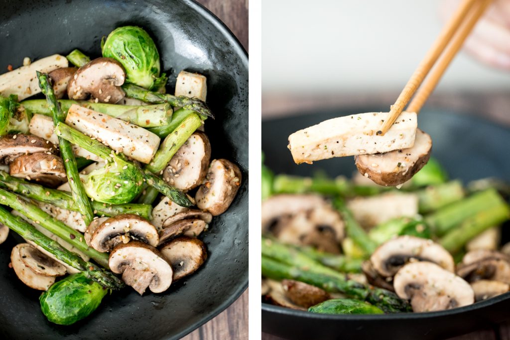 Simple air fryer spring vegetable "stir-fry" with tofu is the ultimate easy dinner ready in less than 10 minutes. It's healthy, vegan and gluten-free. | aheadofthyme.com