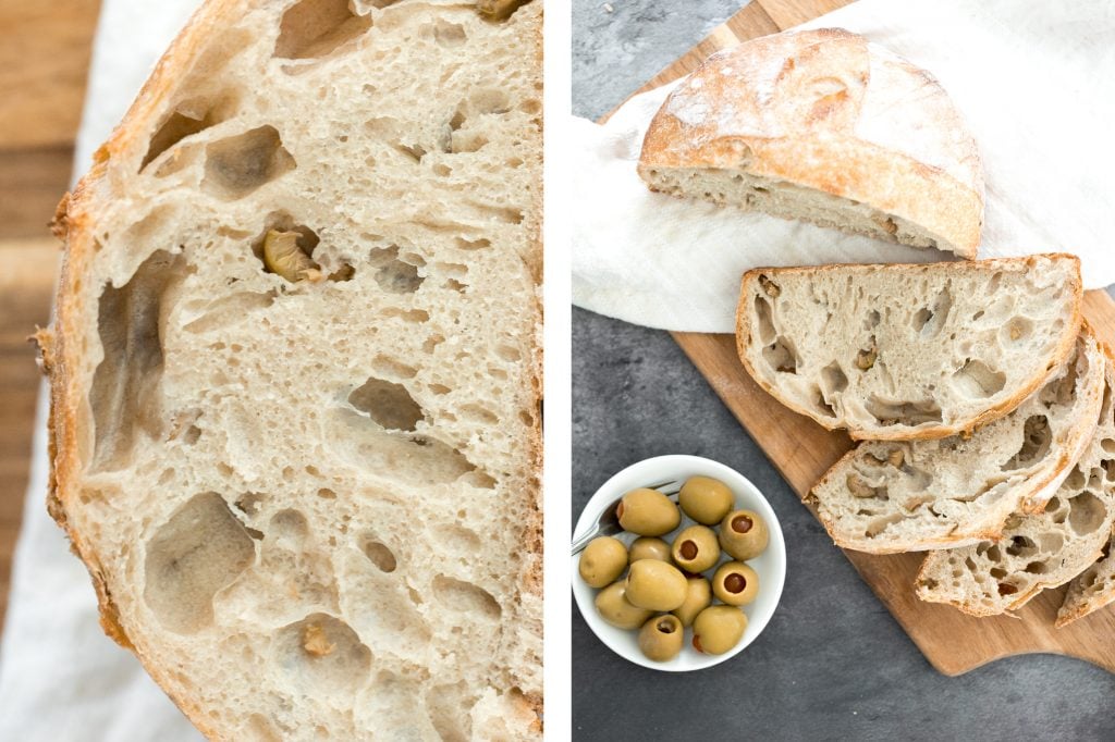 Artisan green olive sourdough bread is airy and chewy, has a signature crispy crust, and is loaded with tangy green olives for a Mediterranean flair. | aheadofthyme.com