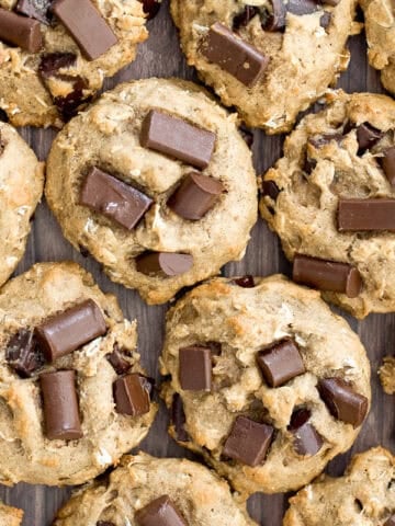 Brown butter oatmeal chocolate chip banana bread cookie bites are thick, fluffy, pillowy, cake-like little bites of banana bread heaven. | aheadofthyme.com