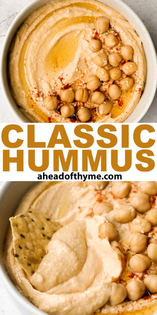 Whip up smooth and creamy classic hummus dip at home in just 5 minutes, by combining chickpeas, tahini, olive oil, lemon juice and garlic in the blender. | aheadofthyme.com