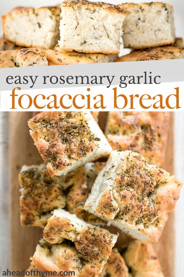 No knead, easy rosemary garlic focaccia bread is thick with a perfect golden and crispy texture on the outside, but soft, fluffy and tender inside. | aheadofthyme.com