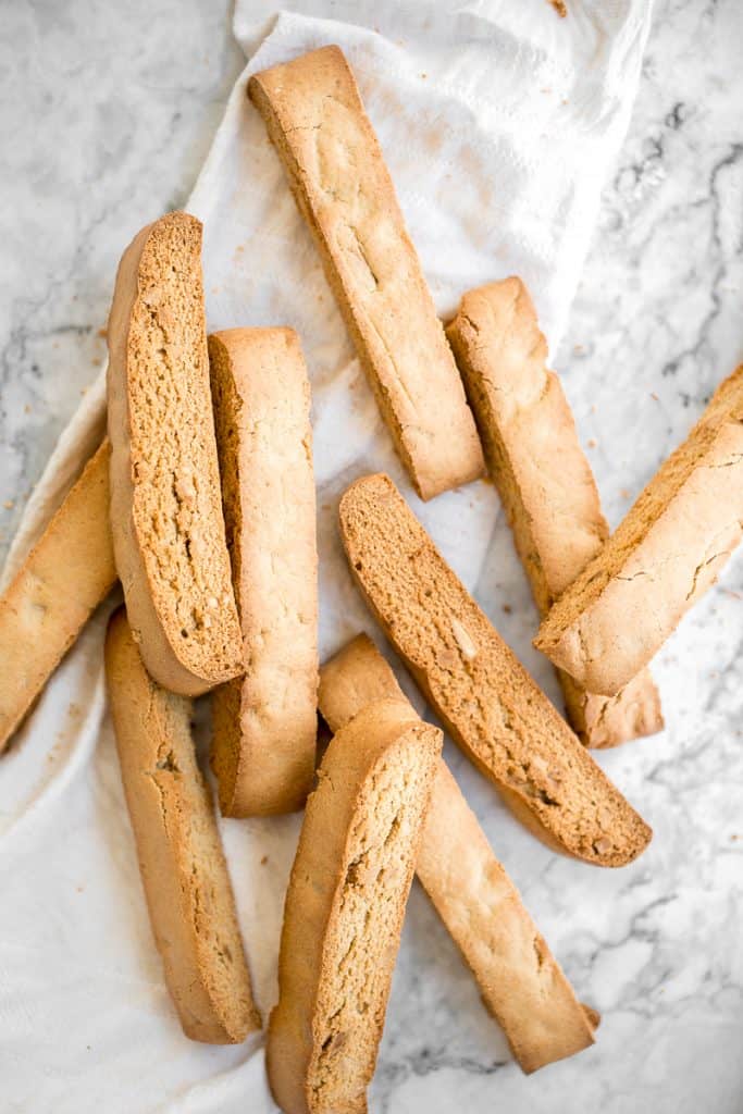 Small batch almond biscotti are crunchy, crumbly and packed with almonds, perfect for dunking into tea or coffee, and they are super easy to make. | aheadofthyme.com