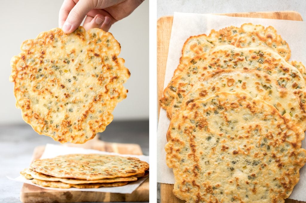 Don't let your sourdough starter go to waste, use your discard to make this easy one bowl recipe for crispy, light and fluffy, savoury chive pancakes. | aheadofthyme.com