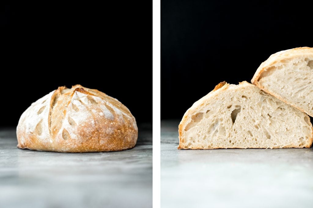 Small batch sourdough bread is airy and chewy with a crisp crust and a mild flavour. It takes less than 15 minutes of actual prep and requires no kneading. | aheadofthyme.com