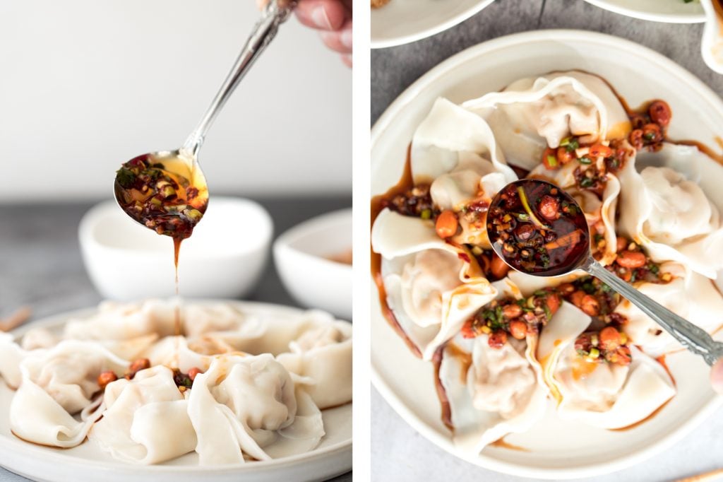 Easy spicy chili oil wontons, a signature Sichuan dish ready in just 10 minutes, hits every sense of your palate -- sour, spicy, sweet and nutty. | aheadofthyme.com