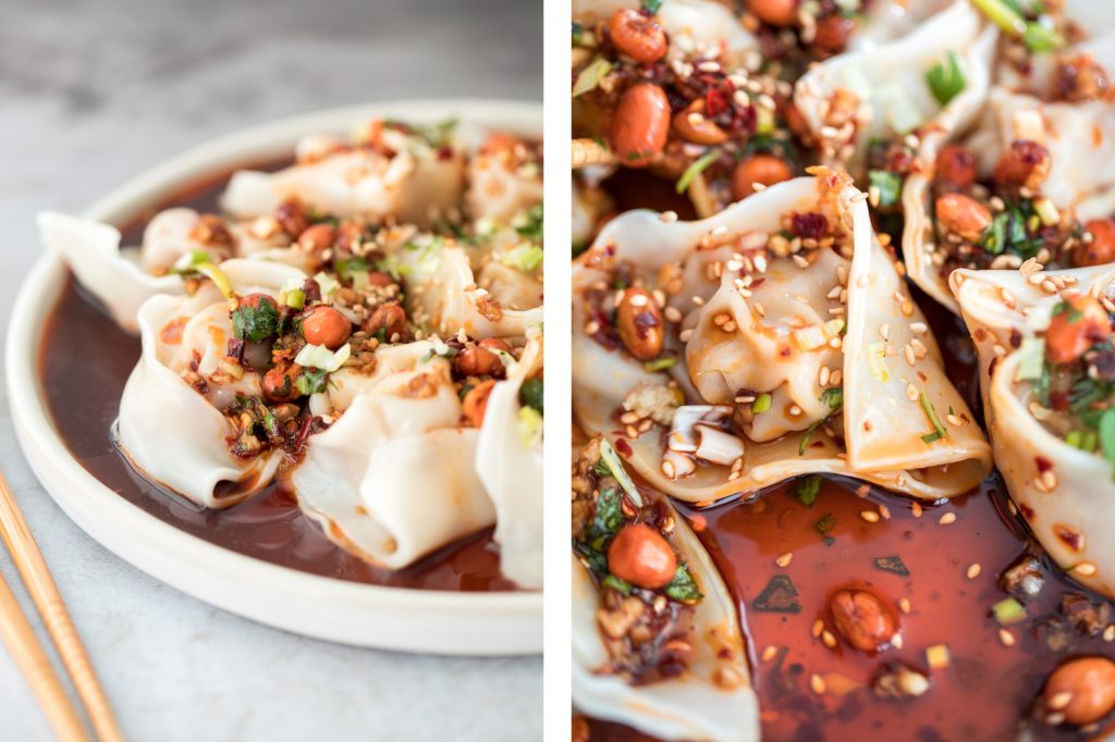 Easy spicy chili oil wontons, a signature Sichuan dish ready in just 10 minutes, hits every sense of your palate -- sour, spicy, sweet and nutty. | aheadofthyme.com
