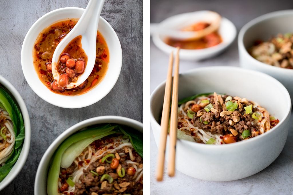 Toss thin wheat noodles in a spicy chili oil sauce and top with seasoned ground beef to make numbing, spicy Sichuan Dan Dan noodles in under 15 minutes. | aheadofthyme.com