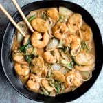 Better than takeout, stir-fried rice cakes with shrimp, bok choy, and bean sprouts in a delicious peanut butter sauce is a quick 10-minute one pan meal. | aheadofthyme.com