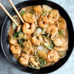 Better than takeout, stir-fried rice cakes with shrimp, bok choy, and bean sprouts in a delicious peanut butter sauce is a quick 10-minute one pan meal. | aheadofthyme.com