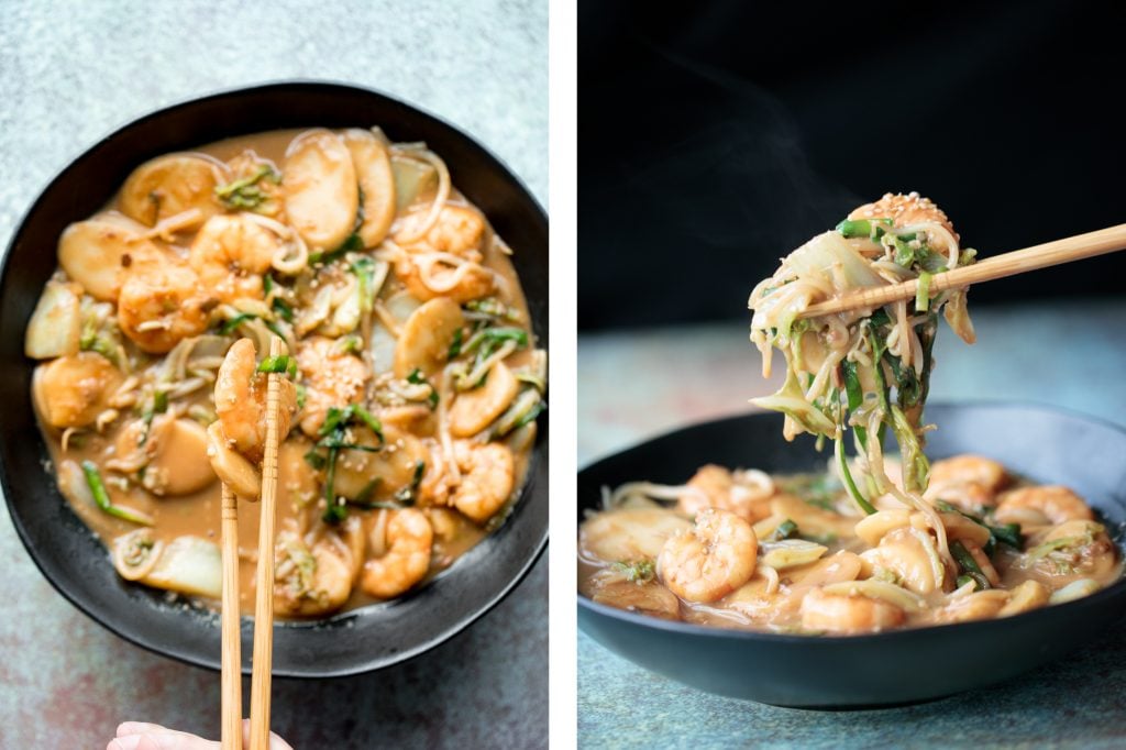 Better than takeout, stir-fried rice cakes with shrimp, bok choy, and bean sprouts in a delicious peanut butter sauce is a quick 10-minute one pan meal. | aheadofthyme.com