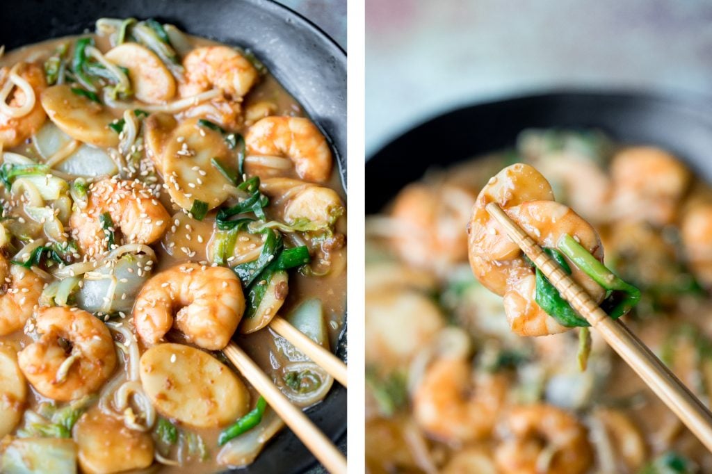 Better than takeout, stir-fried rice cakes with shrimp, bok choy, and bean sprouts in a delicious peanut butter sauce is a quick 10-minute one pan meal. | aheadofthyme.com