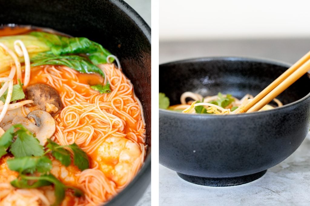 This gluten-free, one pot Thai red curry noodle soup is so flavourful and packed with shrimp, vermicelli rice noodles, fresh herbs, lime juice + fish sauce. | aheadofthyme.com