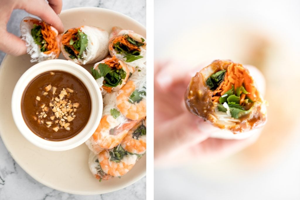 Fresh, light and healthy Vietnamese salad rolls are packed with vermicelli noodles, shrimp, fresh vegetables and herbs and dipped in homemade peanut sauce. | aheadofthyme.com