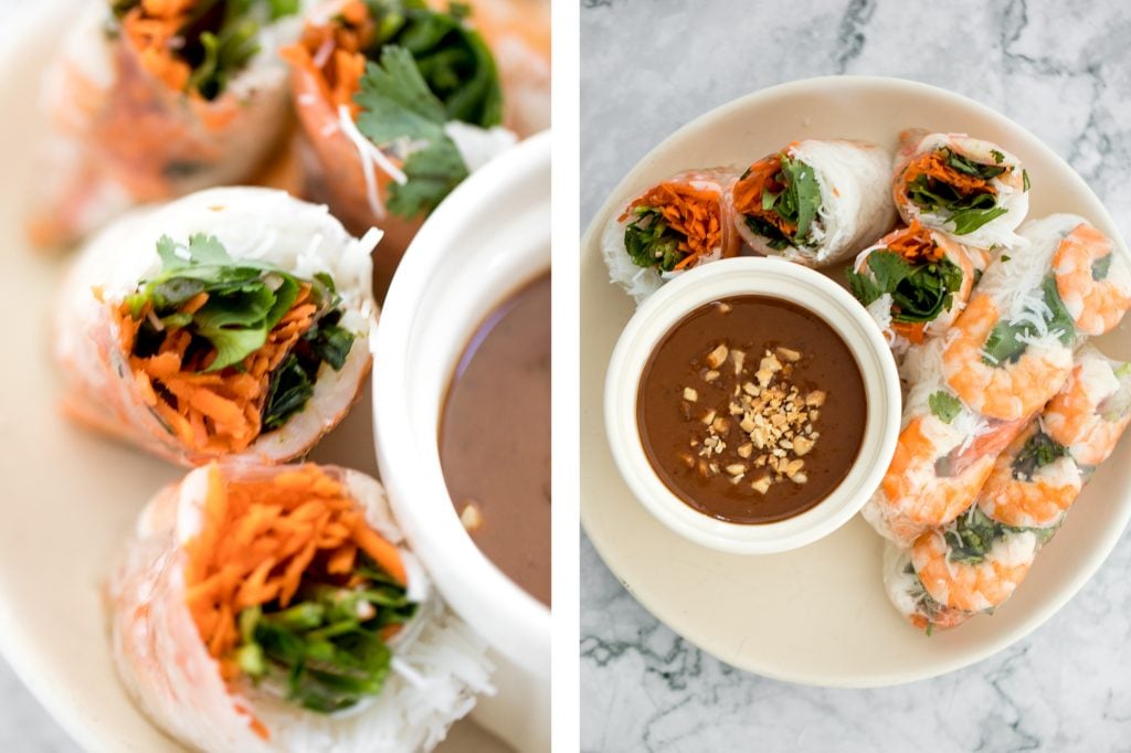 Fresh, light and healthy Vietnamese salad rolls are packed with vermicelli noodles, shrimp, fresh vegetables and herbs and dipped in homemade peanut sauce. | aheadofthyme.com