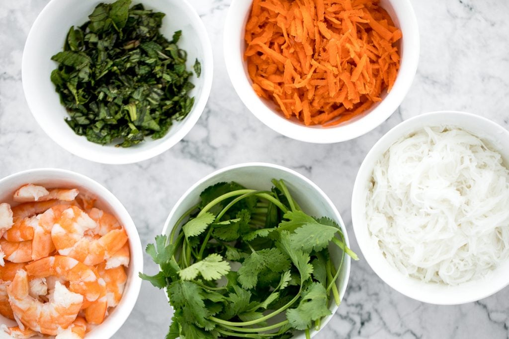 Fresh, light and healthy Vietnamese salad rolls are packed with vermicelli noodles, shrimp, fresh vegetables and herbs and dipped in homemade peanut sauce. | aheadofthyme.com