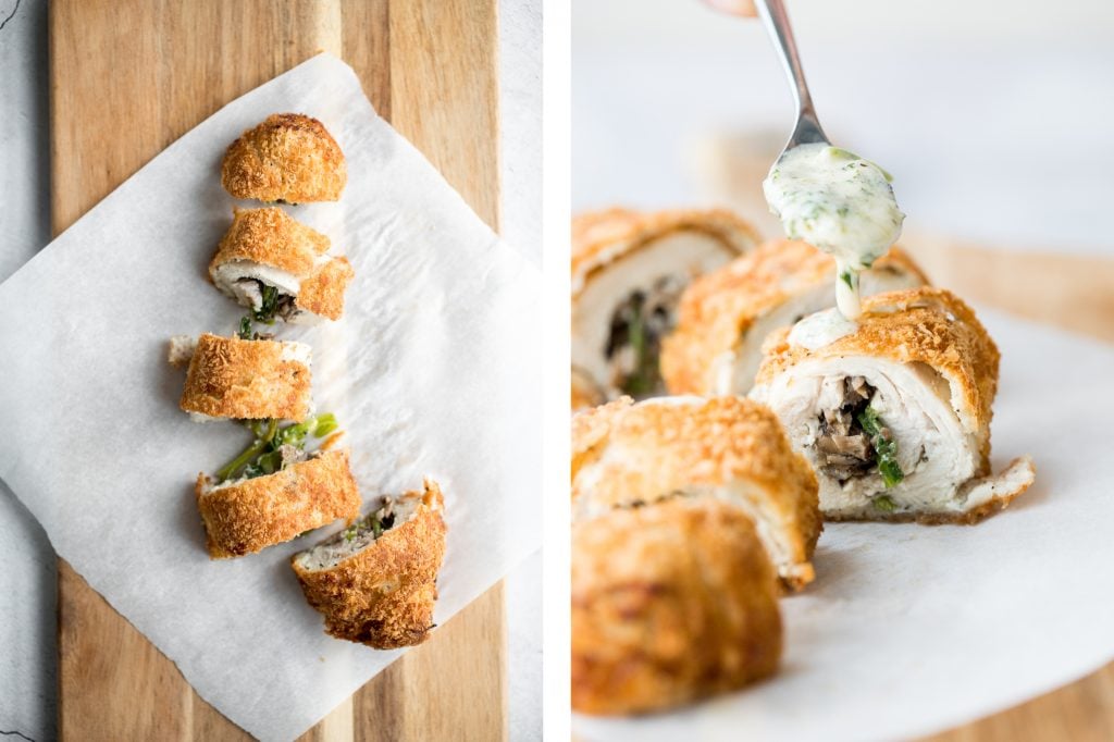 Give your chicken breasts an upgrade by stuffing them to make fancy, juicy chicken roulade with spinach and mushrooms topped with a creamy alfredo sauce. | aheadofthyme.com