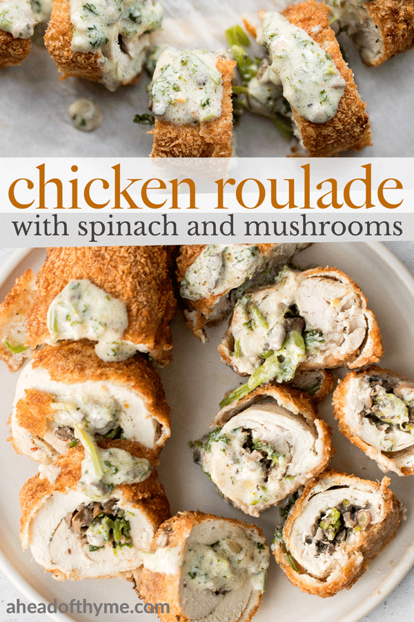 Give your chicken breasts an upgrade by stuffing them to make fancy, juicy chicken roulade with spinach and mushrooms topped with a creamy alfredo sauce. | aheadofthyme.com