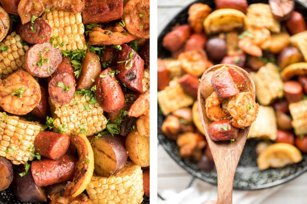 Easy, garlicky and buttery grilled shrimp boil with prawns, corn, baby potatoes and sausage, seasoned and tossed with parsley takes just 20 minutes to cook. | aheadofthyme.com