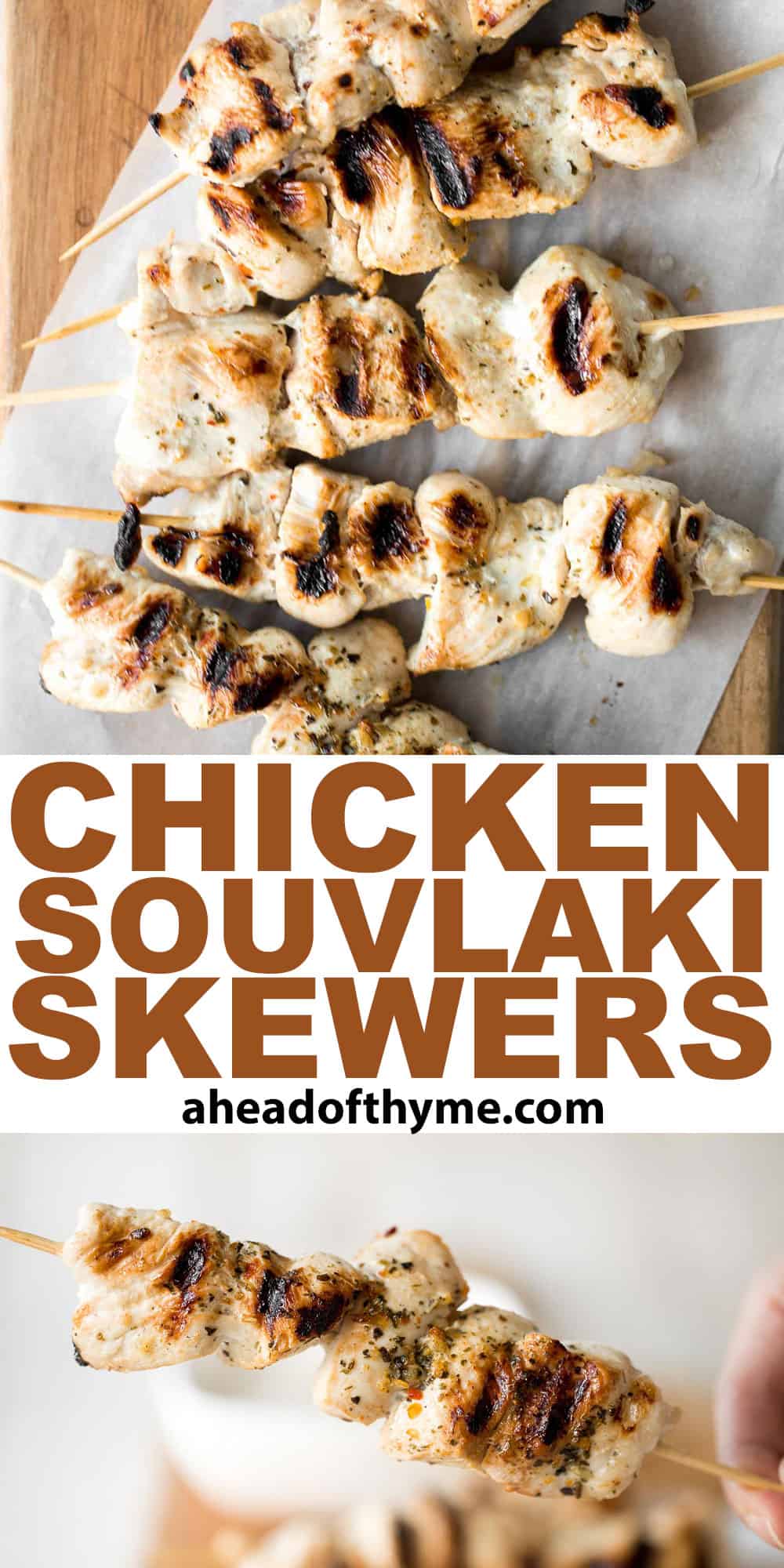 Easy Greek Chicken Souvlaki Skewers are marinated in garlic, herbs, and lemon for that classic Mediterranean flavour. Grill in under 15 minutes! | aheadofthyme.com