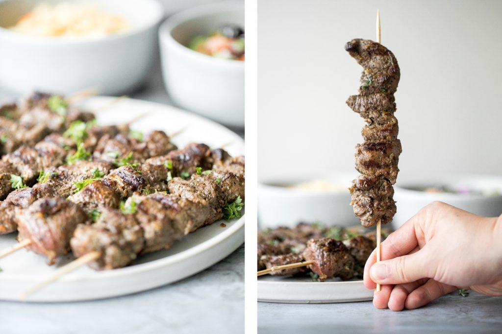 Quick and easy, grilled Greek lamb souvlaki skewers are marinated in a simple Mediterranean marinade for just 30 minutes. Serve with some tzatziki sauce. | aheadofthyme.com