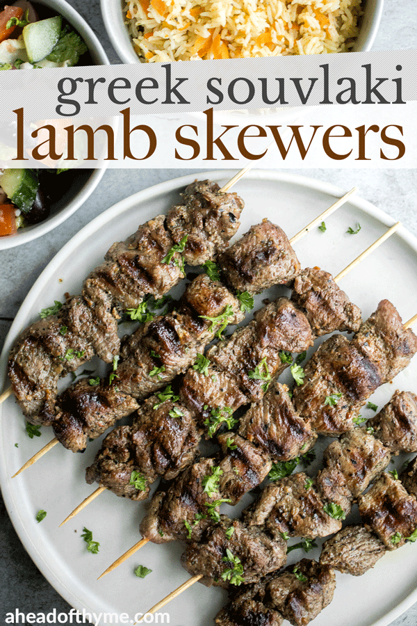 Quick and easy, grilled Greek lamb souvlaki skewers are marinated in a simple Mediterranean marinade for just 30 minutes. Serve with some tzatziki sauce. | aheadofthyme.com