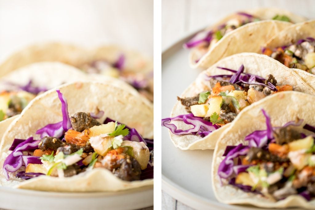 Fusion-style Korean beef steak tacos are made with tender, flavour-packed slices of beef and topped with caramelized pineapple, kimchi, and spicy mayo. | aheadofthyme.com