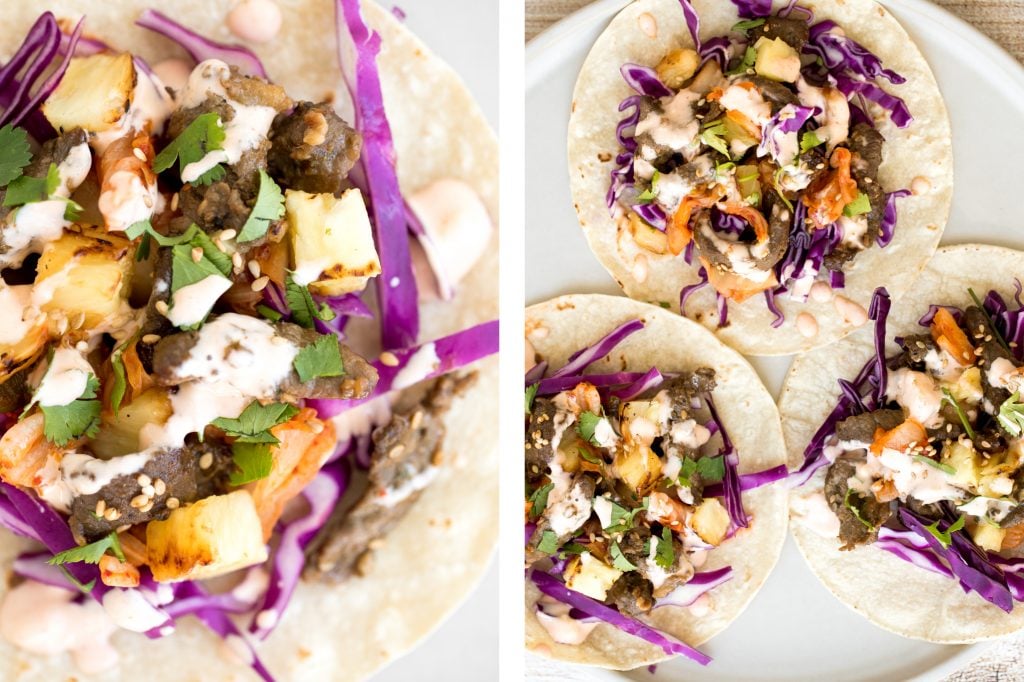 Fusion-style Korean beef steak tacos are made with tender, flavour-packed slices of beef and topped with caramelized pineapple, kimchi, and spicy mayo. | aheadofthyme.com