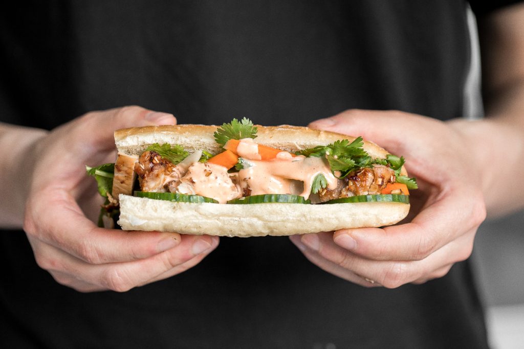 This easy-to-make, light and crunchy Vietnamese lemongrass chicken banh mi sandwich is packed with tender chicken, pickled vegetables and fresh herbs. | aheadofthyme.com