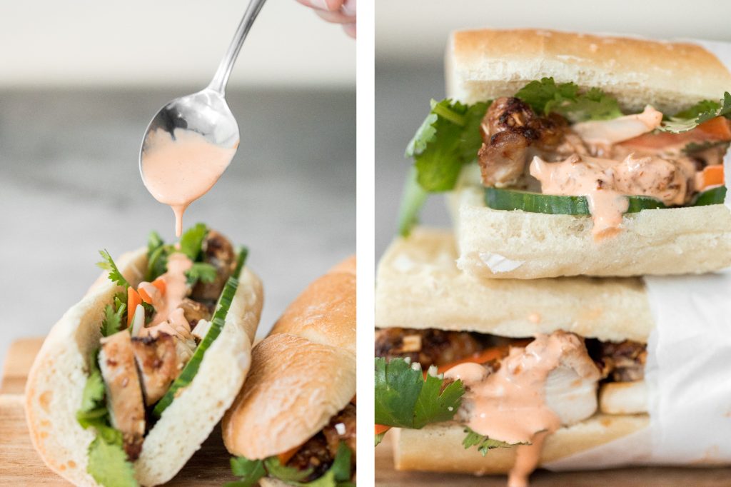 This easy-to-make, light and crunchy Vietnamese lemongrass chicken banh mi sandwich is packed with tender chicken, pickled vegetables and fresh herbs. | aheadofthyme.com