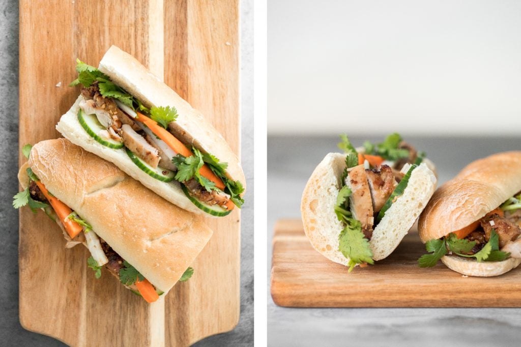 This easy-to-make, light and crunchy Vietnamese lemongrass chicken banh mi sandwich is packed with tender chicken, pickled vegetables and fresh herbs. | aheadofthyme.com