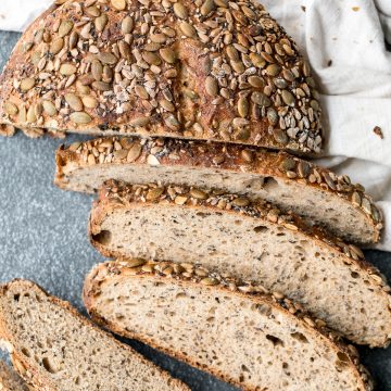 Small batch multi-seeded whole wheat sourdough bread is airy and chewy, is loaded with seeds inside, and has a signature crispy crust coated in more seeds. | aheadofthyme.com