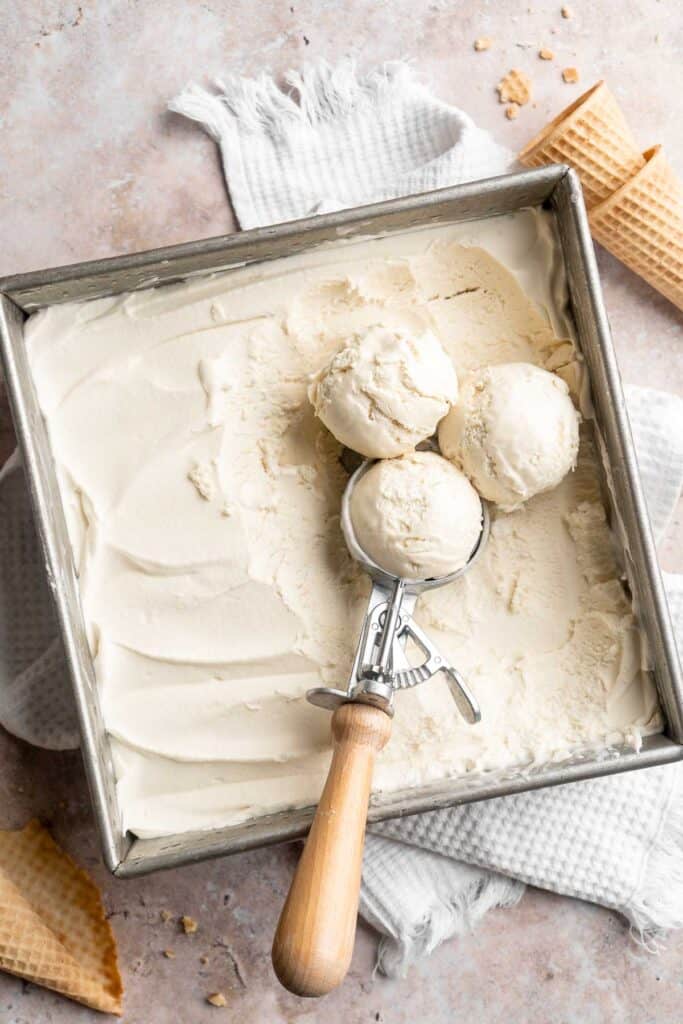 Sweet and creamy, this No Churn Vanilla Ice Cream recipe is the easiest way to make homemade ice cream — no ice cream maker required! | aheadofthyme.com