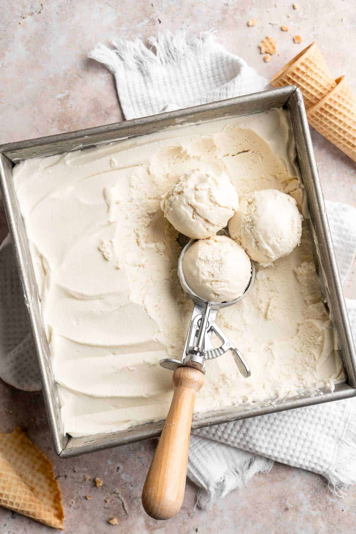 Sweet and creamy, this No Churn Vanilla Ice Cream recipe is the easiest way to make homemade ice cream — no ice cream maker required! | aheadofthyme.com