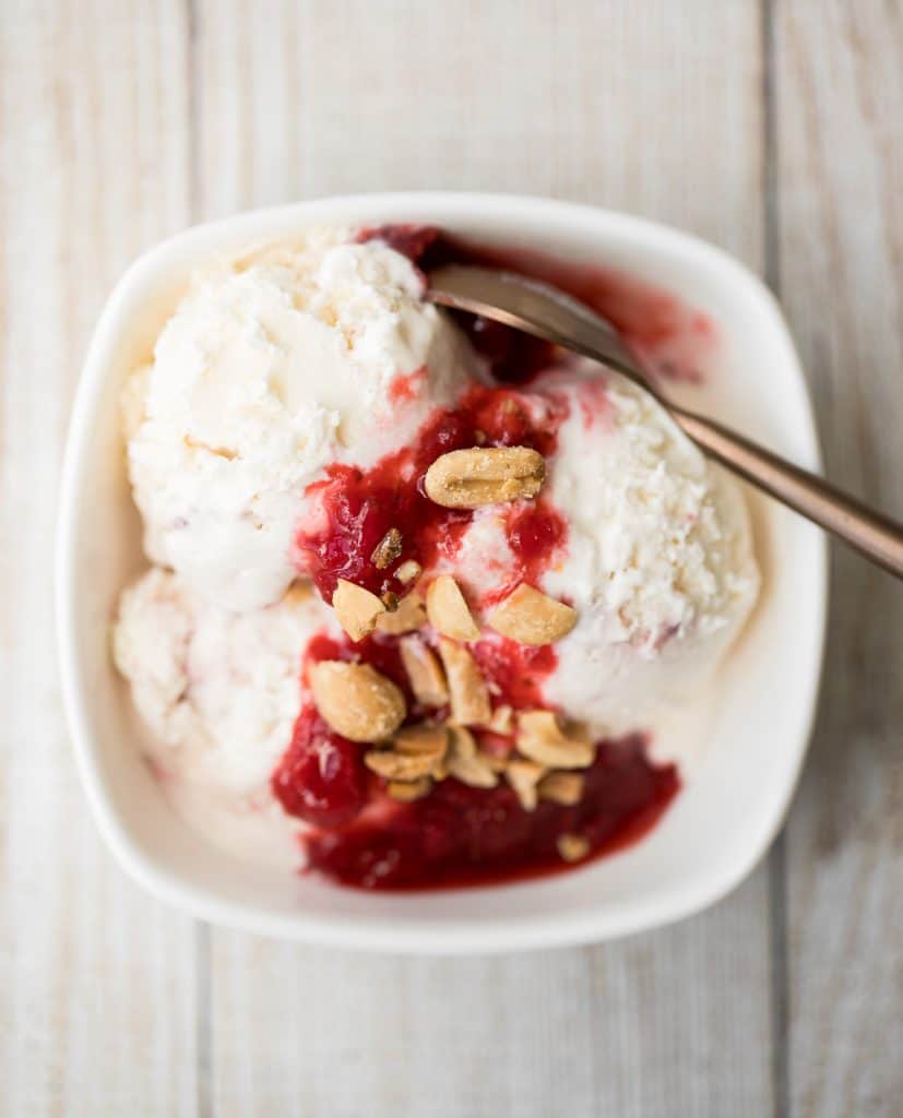 Smooth and creamy no churn vanilla ice cream with strawberry jam + toasted peanuts is easy to make, no ice cream maker required and better than storebought. | aheadofthyme.com