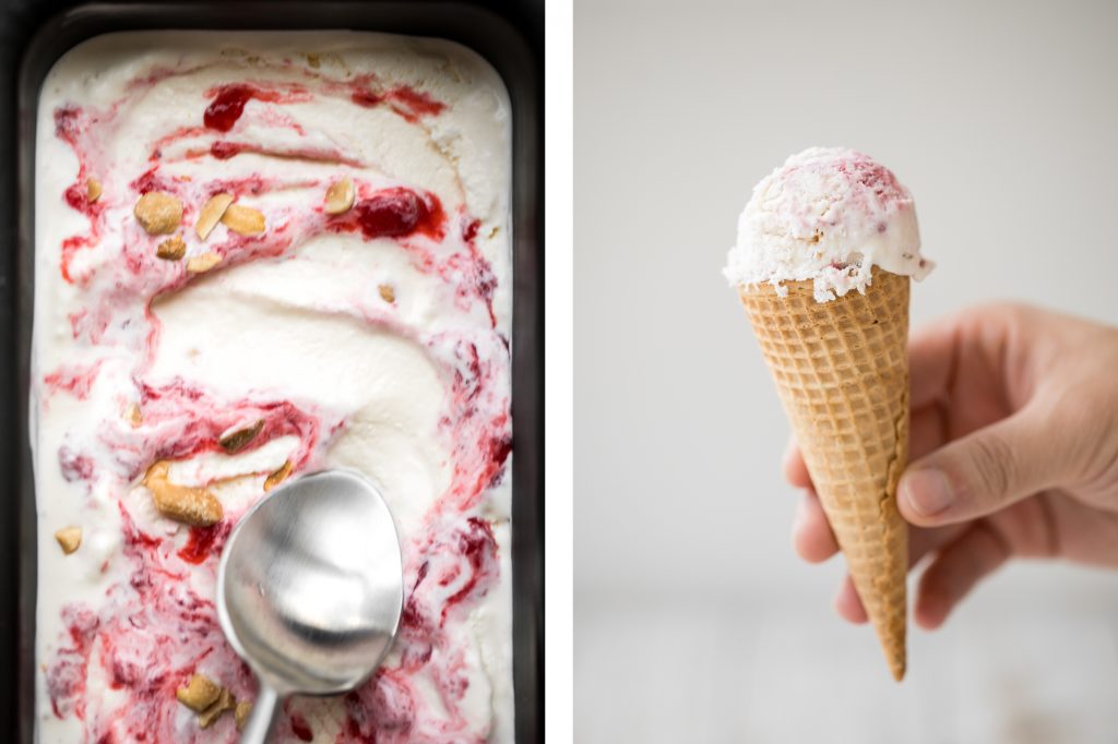 Smooth and creamy no churn vanilla ice cream with strawberry jam + toasted peanuts is easy to make, no ice cream maker required and better than storebought. | aheadofthyme.com