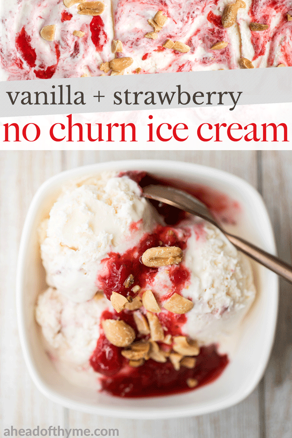 Smooth and creamy no churn vanilla ice cream with strawberry jam + toasted peanuts is easy to make, no ice cream maker required and better than storebought. | aheadofthyme.com