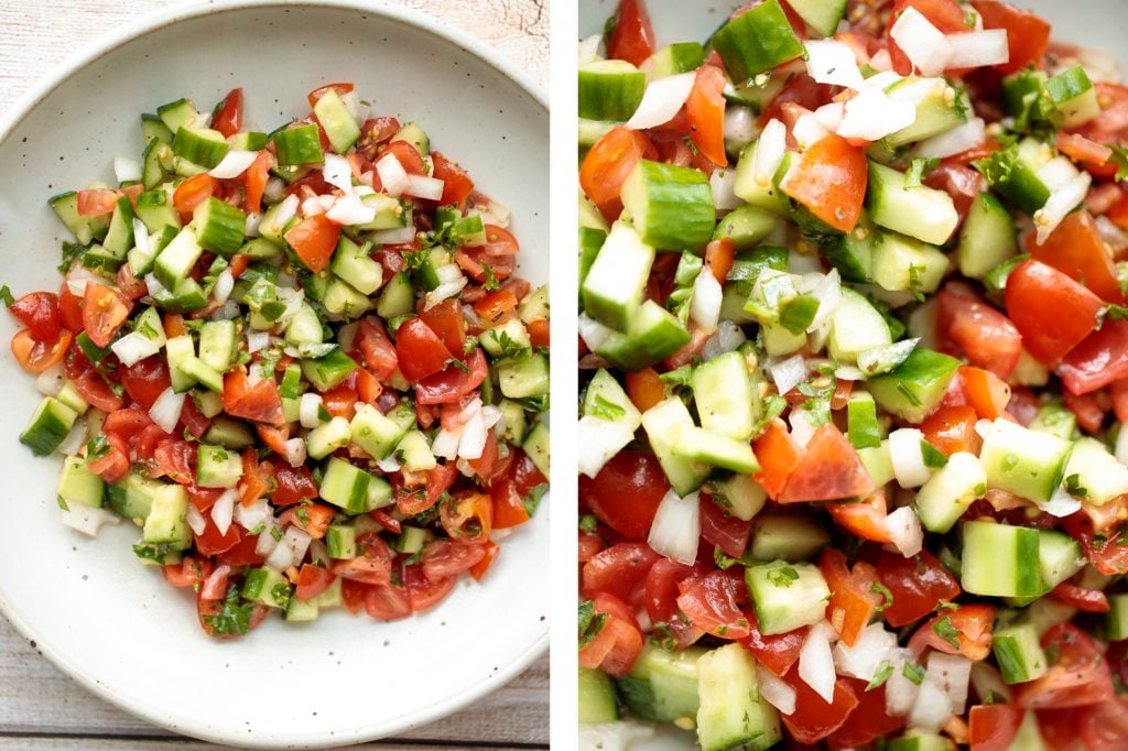 Healthy, light and refreshing Persian Shirazi salad with cucumber and tomato is a simple salad packed with herbs and tossed in an olive oil and lime dressing. | aheadofthyme.com