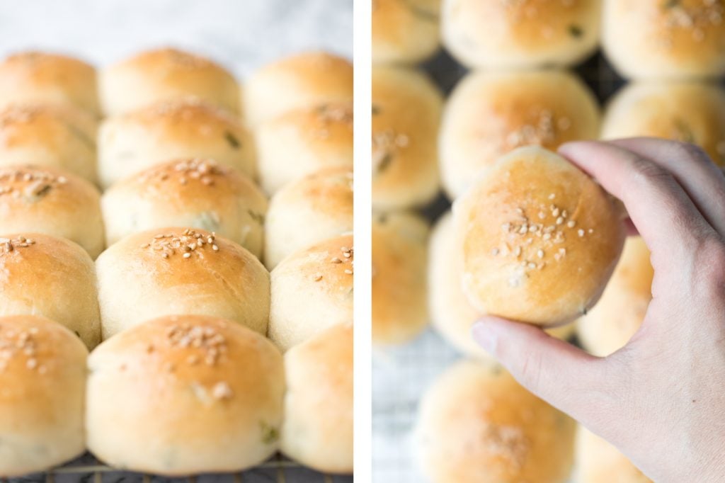 Soft and fluffy, quick dinner bread rolls are loaded with green onions and topped with flaked sea salt and sesame seeds. Ready in just 1.5 hours. | aheadofthyme.com